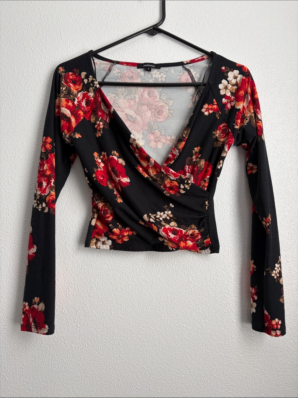 Ambiance Black Floral Wrap Crop Top with Red Rose Print